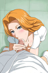 1boy 1girls bleach blue_eyes blush breasts censored cleavage cum cum_in_mouth cum_on_body cum_on_breasts cum_on_upper_body cumdrip fellatio female from_above highres long_hair male matsumoto_rangiku oral orange_hair penis pov shirt sweat x_bokkis