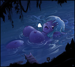 blue_hair blue_skin breasts felarya floating_breasts giantess karbo lake large_breasts mermaid monster monster_girl nipples