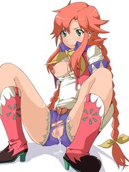 after_sex blush breasts censored cum green_eyes rebecca_streisand red_hair torn_clothes torn_pants white_background wild_arms wild_arms_5