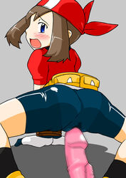 blue_eyes blush bondage brown_hair female female_only hands_tied human human_only may_(pokemon) pokemon pokemon_rse pussy_juice red_bandana shorts solo straight_hair vibrator