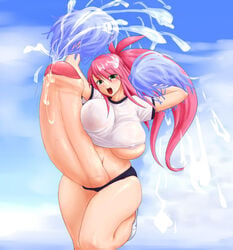 artist_request breasts busty cheerleader chubby cleavage cum cumming ejaculation fat futanari green_eyes hair huge_breasts huge_cock hyper hyper_penis intersex long_hair open_mouth outdoors penis pink_hair ponytail smile tied_hair