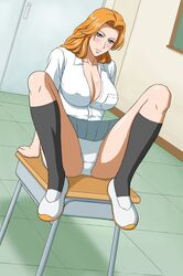 1girls arm_support beauty_mark bleach blue_eyes blush breasts cleavage desk erect_nipples female female_only footwear highres kneesocks legs_up long_hair matsumoto_rangiku mole nipples_visible_through_clothing orange_hair panchira panchira_(sitting) panties pantyshot pantyshot_sitting school_uniform shirt sitting skirt socks solo underwear upskirt white_panties x_bokkis