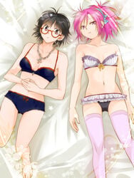 2girls black_hair breasts female female_only human hunter_x_hunter large_breasts lingerie machi_komacine multiple_girls pale-skinned_female pale_skin phantom_troupe pink_hair shizuku_murasaki short_hair shounen_jump small_breasts tagme upside_down_cross villainess