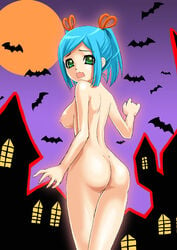 1girls artist_request ass back_to_viewer bat blue_hair boobs breasts character_request female from_behind green_eyes house looking_at_viewer moon naked night nude scared scary solo solo_female