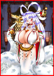 artist_request blush border breast_hold breasts cleavage holding_breasts huge_breasts japanese_clothes lamia long_hair monster_girl navel nure-onna purple_hair red_eyes smile youkai