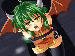 arms_behind_back bondage china_dress chinese_clothes cum cum_on_face draco_centauros dragon_girl facial green_hair horns madou_monogatari pointy_ears puyo_puyo short_hair tearing_up tears wings yellow_eyes