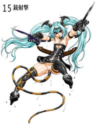 alice_faye blue_hair bottomless breasts dual_wielding gangsta_hold gloves gun long_hair nipple_slip nipples nitroplus pussy queen's_blade queen's_gate red_eyes tail thighhighs tied_hair twintails uncensored waku-jinpei weapon wings