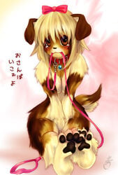 animal_ear anthro blonde_hair bow breasts brown_eyes canine collar cute female furry leash mouth_hold small_breasts tears