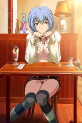 breasts casual_exposure cleavage clothing dessert exhibitionism exposed flashing food highres jpeg_artifacts kneehighs large_breasts neon_genesis_evangelion no_bra no_panties parfait photoshop pubic_hair public public_exposure public_nudity rei_ayanami skirt stockings straight_hair striped upskirt