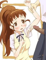 1boy 1girls armpit armpits cum dark_penis female human long_hair male penis ponytail school_uniform sexy_armpits straight taneshima_popura tied_hair uncensored working!!