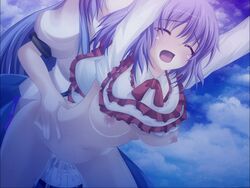 arms_up blue_hair blush bottomless breasts capelet closed_eyes cloud cum cum_drip cum_inside dark doggy_style female futa_on_female futanari iku_nagae intersex long_hair onsen_tamago_(nurumayu_onsen) overflow purple_hair sex short_hair sky stomach_bulge tenshi_hinanawi touhou very_long_hair