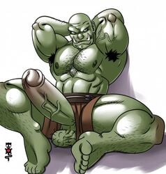 1boy armpits bald bara big_balls big_penis erection flexing gay giganuramaki green_skin hairy hairy_balls hairy_chest male male_focus male_only muscle orc