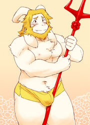 anthro asgore_dreemurr bara beard blonde_hair boss_monster bulge caprine clothed clothing cotton_(artist) facial_hair fur goat hair horn long_ears looking_at_viewer male male_only mammal muscular muscular_male nipples penis simple_background solo standing topless undertale underwear video_games white_fur