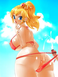 alternate_hairstyle anus ass bikini blue_eyes blush breasts censored crown cum cum_on_ass earrings erect_nipples highres jewelry k_s large_breasts looking_back mario_(series) nintendo penis princess princess_peach pussy swimsuit thong_bikini