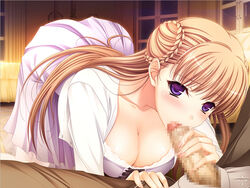 1boy blonde_hair blush breasts censored cleavage fellatio female game_cg handjob komori_kei long_hair mizuno_takahiro noel_marres_ascot oral penis purple_eyes saliva walkure_romanze