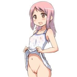 1girls aaaa blush bottomless brown_eyes dress dress_lift erect_nipples female flashing flat_chest highres long_hair mound_of_venus navel nipples no_panties open_mouth original pink_hair pointy_chin pussy sleeveless smile solo uncensored