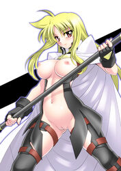 1girls armor bardiche blonde_hair blush breasts cape casual_exposure casual_nudity fat_mons fate_testarossa female fingerless_gloves gloves long_hair lyrical_nanoha mahou_shoujo_lyrical_nanoha mahou_shoujo_lyrical_nanoha_strikers navel nipples no_panties pussy sakura_ryuuken solo thighhighs uncensored