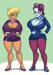 2girls art-2u big_breasts bimbo breasts cleavage commission curvy ear_piercing earrings equestria_girls female females_only friendship_is_magic glasses hands_on_hips hasbro hi_res high_heels highres hourglass_figure huge_breasts large_breasts looking_at_viewer mature_female miniskirt ms._harshwhinny ms._harshwhinny_(mlp) my_little_pony pantyhose principal_cinch smiling_at_viewer thick_thighs voluptuous wide_hips