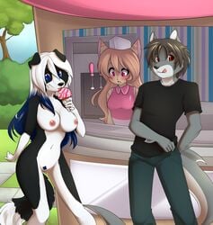 anthro blue_eyes breasts canine darkduck64 feline female fur furry ice_cream janice male nipples nude pussy red_eyes shog spazzykoneko