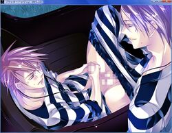 2boys censored jail jewelry lucky_dog male male_only masturbation mosaic_censoring multiple_boys necklace outdoors pants_down penis prison purple_hair shirt sitting striped striped_shirt watching yaoi