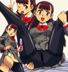 bangs black_legwear blazer blunt_bangs brown_hair censored dildo fellatio garter_straps garters kamisimo_90 no_panties oral original pantyhose purple_eyes pussy_juice school_uniform skirt skirt_lift spread_legs thighhighs v