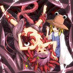 arched_back barefoot blonde_hair blue_eyes fumihiro hat highres multiple_girls nude purple_hair rape red_eyes satori_komeiji short_hair spread_legs stomach_bulge suwako_moriya sweat tentacle touhou upside-down