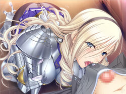 1boy1girl armor celia_cumani_aintree censored game_cg kneeling knight komori_kei looking_at_viewer tagme walkure_romanze