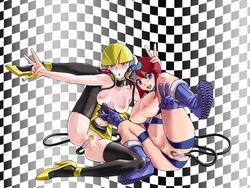 blonde_hair blue_eyes boots bottomless breasts breasts_out censored checkered checkered_background double_v elesa_(pokemon) elesa_(pokemon_bw) female female_only gym_leader high_heels human large_breasts looking_at_viewer multiple_females nintendo nipples no_bra no_panties otsukare pokemon pokemon_bw pubic_hair pussy red_hair skyla_(pokemon) smile source_request spread_legs v yuri