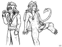 1boy abs balls buwaro_elexion claws closed_eyes demon erection future hindpaw horn male male_only monochrome navel nipples nude paws pendant penis pose sketch slightly_damned smile solo stripes tail undressing webcomic wings yellowpower