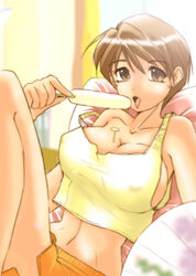 1girls breasts brown_eyes brown_hair cleavage dark-skinned_female dark_skin erect_nipples female female_only human no_bra pointy_chin short_hair sig_(sotokanda_delta_force) solo super_real_mahjong super_real_mahjong_p5 toono_mizuki