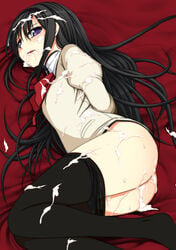 1girls after_rape after_sex akemi_homura ass black_hair black_legwear blush bondage bound_arms clothed_rape cum cum_in_mouth cum_on_ass cum_on_body cum_on_hair cum_on_lower_body cum_on_upper_body facial female female_only hairband highres kamata_yuuya long_hair lying mahou_shoujo_madoka_magica no_pants on_side panties panties_under_pantyhose panty_pull pantyhose pantyhose_pull purple_eyes school_uniform solo tied_arms underwear