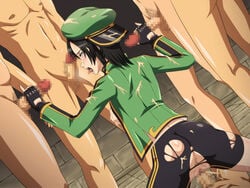 ass black_hair blush breasts censored cum green_eyes nipples shin_sangoku_musou tear torn_clothes xing_cai