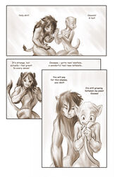 12-tf anthro breasts comic couple dialog english_text feline female fur furry lion male monochrome nude straight text transformation