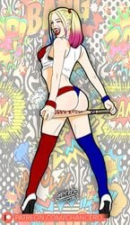 1girls 2017 ass batman_(series) blonde_hair booty_shorts celebrity chancero dc female female_only harley_quinn high_heels hotpants looking_over_shoulder margot_robbie solo suicide_squad thighhigh_socks thighhighs wink