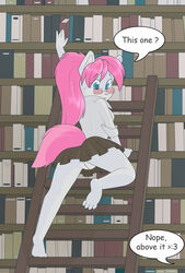 >:3 anthro blue_eyes book canine dialogue english_text female fur furry glasses hair helsy librarian library looking_back pink_hair pussy skimpy skirt solo text upskirt white_fur