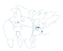 anthro anus ass blush cum darthsaburou looking_back monochrome penis pokemon pokemon_(species) shaymin trap western_art