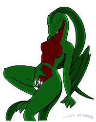 anthro breasts closed_eyes drooling female fingering grovyle nintendo pokemon pussy pussy_juice saliva solo tagme tierafoxglove white_background