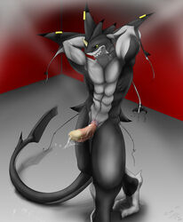 1boy anthro black_tipped_reef_shark doxy dripping erection fish grin looking_at_viewer male male_only marine muscles penis pose precum rion shark solo tail yellow_eyes