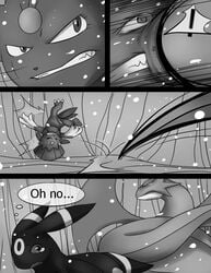 black_and_white cave comic crying dialogue eeveelution female fur furry_ears furry_tail male monochrome nintendo penis pokemon pokemon_(species) salamence tail tderek99 tear umbreon weavile wings