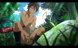 1boy ass baseball_bat black_socks brown_eyes brown_hair butt edit erection forest forest_background gay grass hand_on_chin highschool_of_the_dead male male_focus male_only mantis nude penis praying_mantis rock socks solo squat squatting takashi_komuro thinking uncensored yaoi