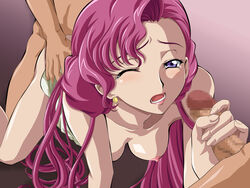 blush breasts censored code_geass danna euphemia_li_britannia group_sex handjob highres large_breasts long_hair mosaic_censoring nipples pink_hair tear threesome