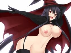 1girls akitsuki_karasu black_hair bouncing_breasts breasts cape curvy cute_fang female gloves kurochijo long_hair navel nipples nude open_mouth original pointy_chin red_eyes solo source_request witch_hat