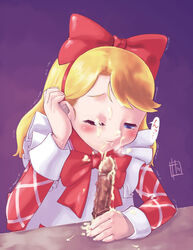 1boy 1girls apron artist_request ashita_no_nadja blonde_hair blue_eyes blush bow censored clothed_female_nude_male cum cum_on_clothes cum_on_face cum_on_hands dress erect_penis erection facial gradient_background hair hair_bow hair_ribbon hairband hairbow light-skinned_female long_hair mosaic_censoring penis purple_background red_bow ribbon rosemary_(nadja) shaking simple_background tagme tremble_lines veiny_penis