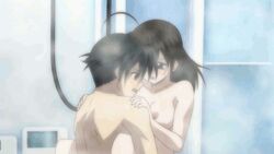 animated bathroom game_cg itou_makoto kissing nude saionji_sekai saliva saliva_trail school_days sex upright_straddle