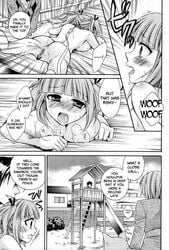 all_fours ass blush comic dog_collar dog_leash extreme_content humiliation like_a_dog monochrome nude oppai public_nudity slider text tied_hair translated tsubakiya_meguru twintails vagina