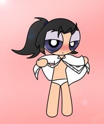 barasia black_hair blue_eyes blush female gamefanppg open_clothes open_shirt panties ponytail shirt style_parody tied_hair