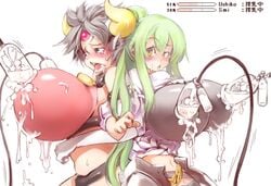 2girls armor arms_linked back_to_back belly blush breasts brown_eyes confused cowbell erect_nipples female green_hair horns huge_breasts inflation lactation lactation_through_clothes milk milk_squirt milking milking_machine moo_bitch multiple_girls navel nipples open_mouth oppai sachito silver_hair surprised syringe women_livestock worried yellow_eyes