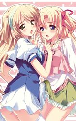 2girls ass blonde_hair blouse blush brown_eyes bulge crossover futa_on_futa futanari hair_ribbon hairband intersex kusukusu long_hair marie_rudel moshimo_ashita_ga_hare_naraba multiple_girls necklace nonosaki_akiho open_mouth panties precum purple_eyes ribbon sakura_strasse school_uniform serafuku shirt skirt tank_top tied_hair twintails upskirt wet_clothes