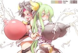 2girls ahe_gao armor arms_linked back_to_back belly blush breasts brown_eyes confused cowbell erect_nipples green_hair horns huge_breasts inflation lactation lactation_through_clothes milk milk_squirt milking moo_bitch navel nipples open_mouth oppai sachito silver_hair surprised syringe women_livestock worried yellow_eyes