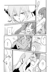 blush bra bra_lift comic female fingering hatsune_miku imminent_kiss lingerie megurine_luka monochrome multiple_girls panties pussy_juice sekihara_umina tied_hair twintails underwear vocaloid yuri